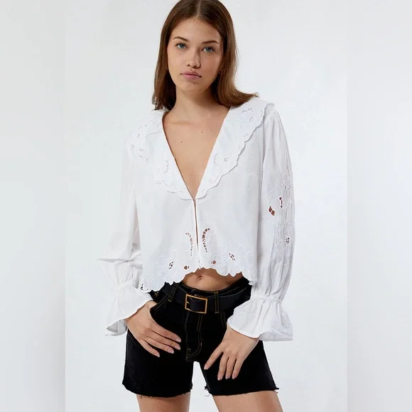 Free People Maisie Cutwork Long Sleeve Top sz L - Picture 1 of 10